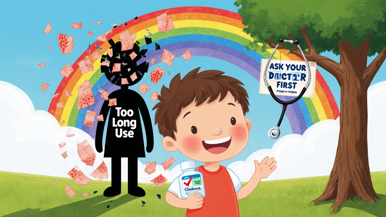 A child with healthy skin smiles under a rainbow while side effects crumble away behind them.