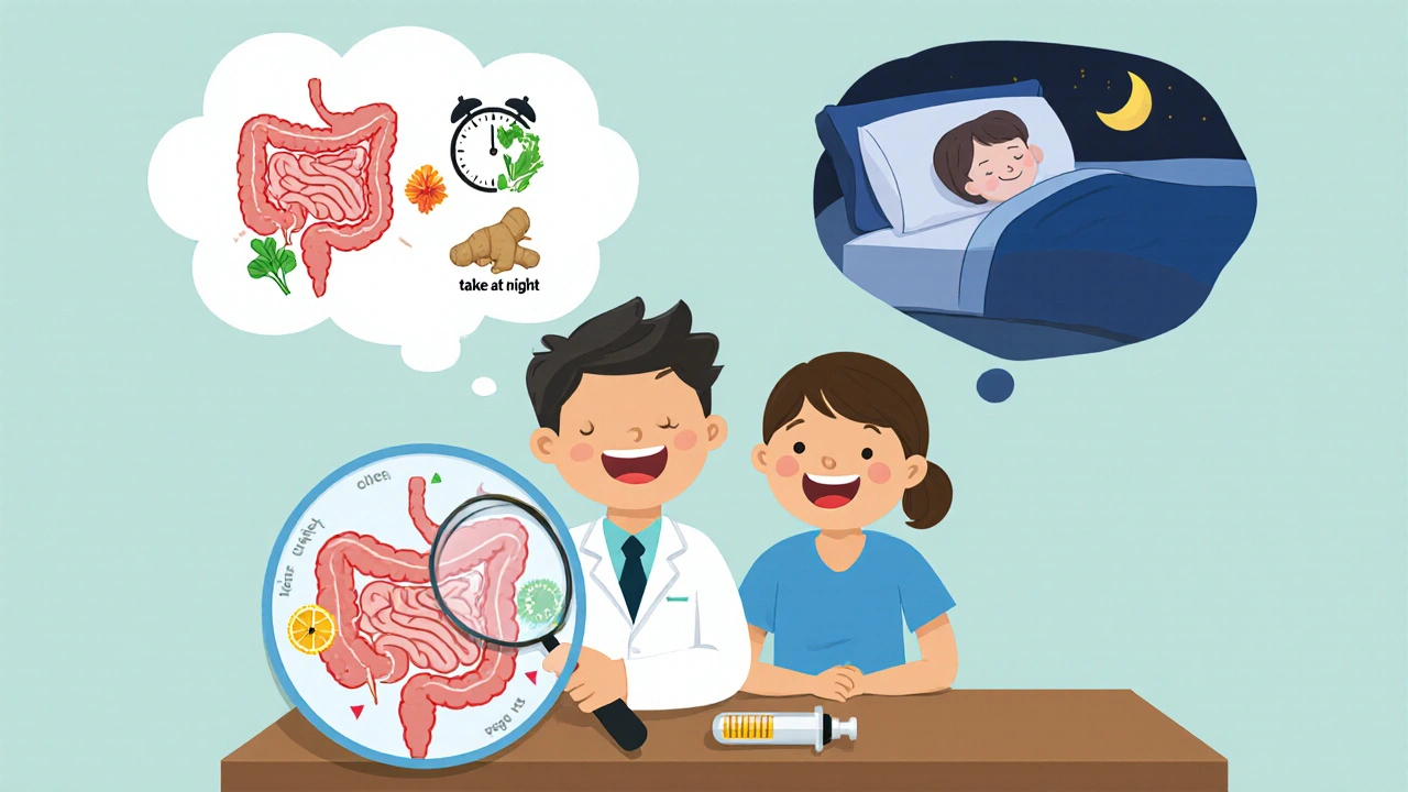 A doctor and patient examining a cartoon gut diagram with healthy foods and a night-time injection icon.