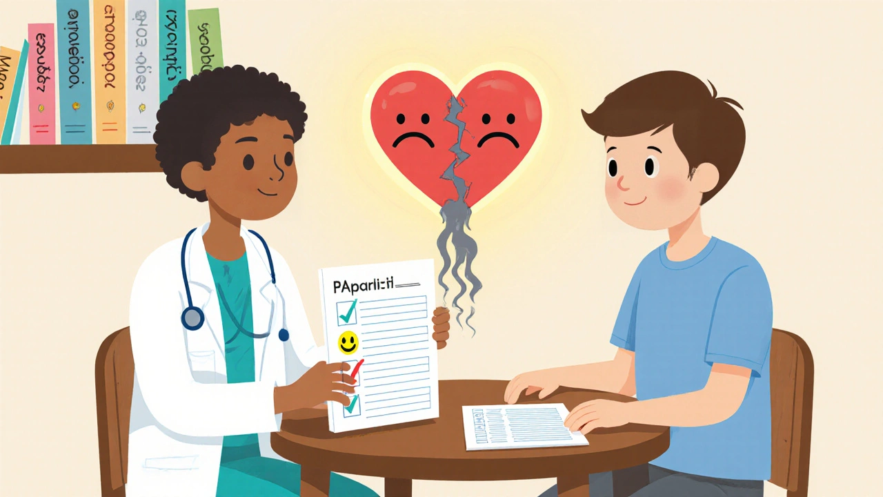 A doctor and patient review a mood checklist, with a cracked glowing heart above the patient.