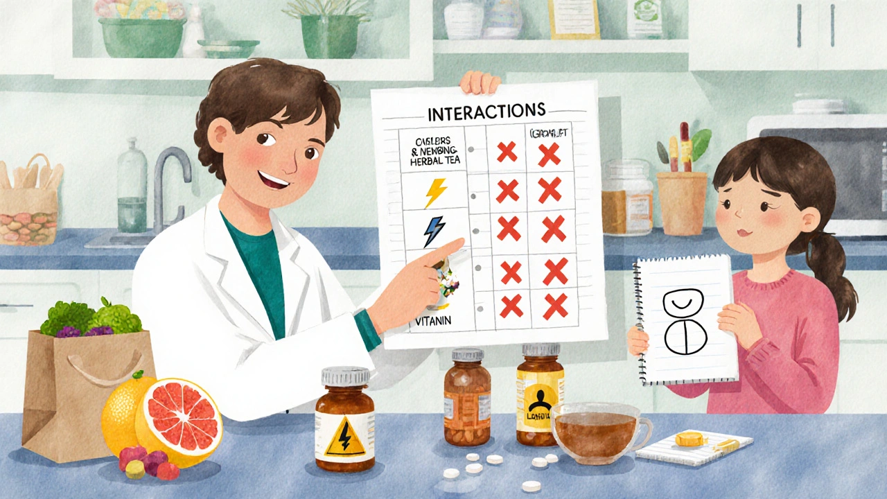 A family and pharmacist review medications and food interactions at a kitchen table with a visual chart of warnings.