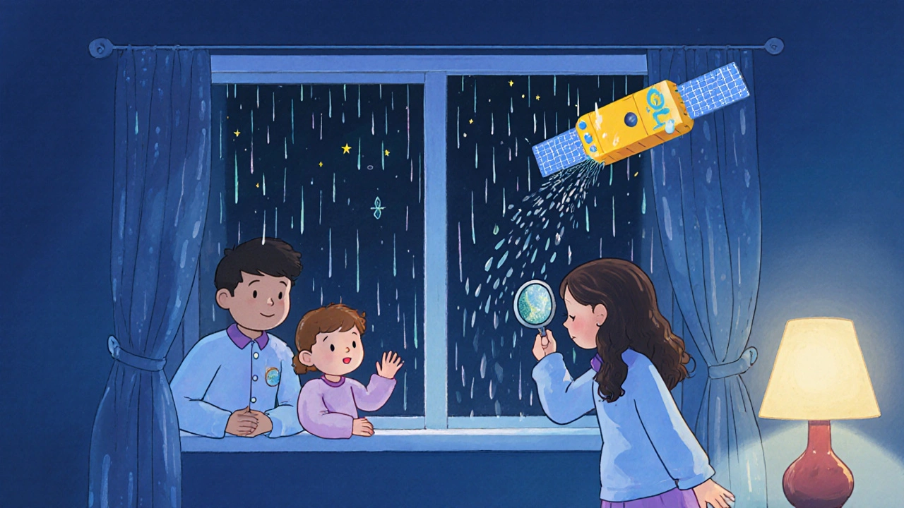 A family watches rain wash pollen away from the window while a friendly satellite flies overhead at night.