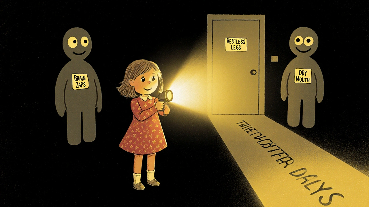 A girl using a flashlight to reveal shy cartoon side effects in a dark room, with a path to better days.