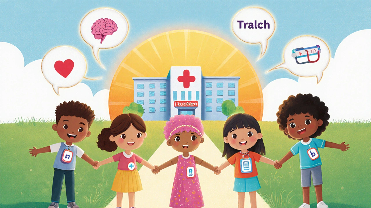 A group of people holding hands on a path to a house-shaped hospital, with helpful word bubbles above.