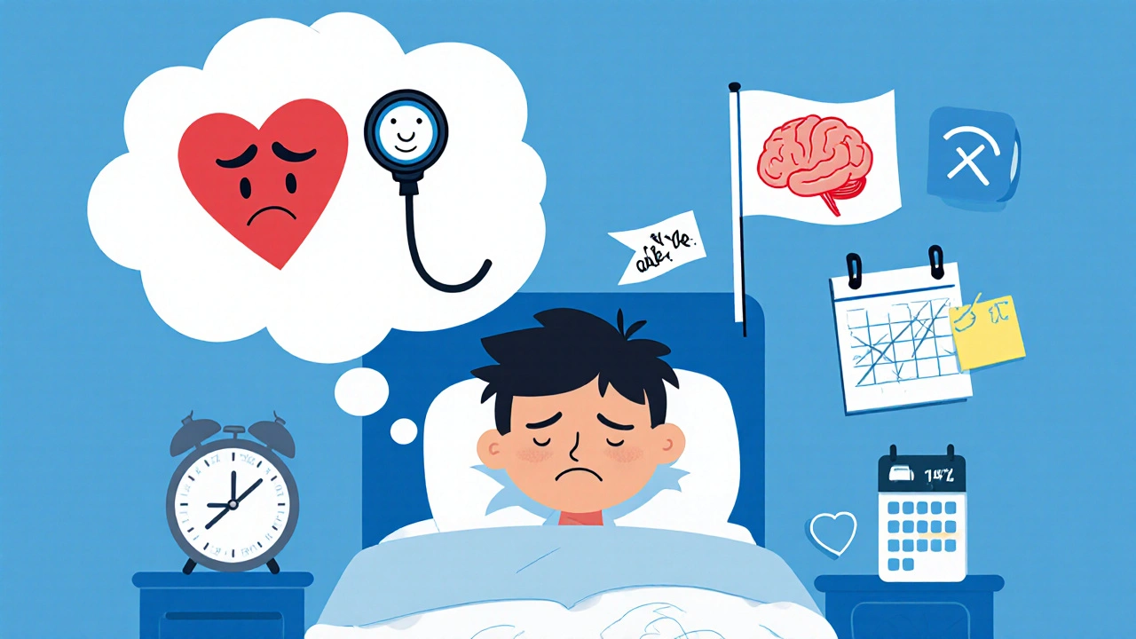 A person in bed with frowning health icons, next to reminders and a smiling alternative pill.