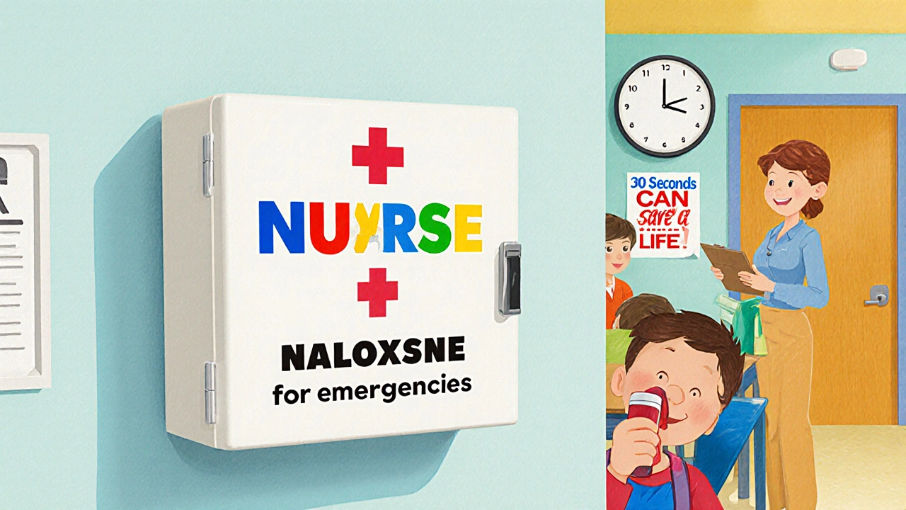 A school nurse quickly accesses naloxone from a labeled locked box during a calm classroom moment.