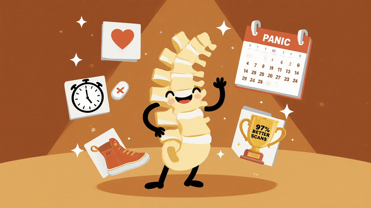 A smiling spine character doing exercise with icons of recovery and movement