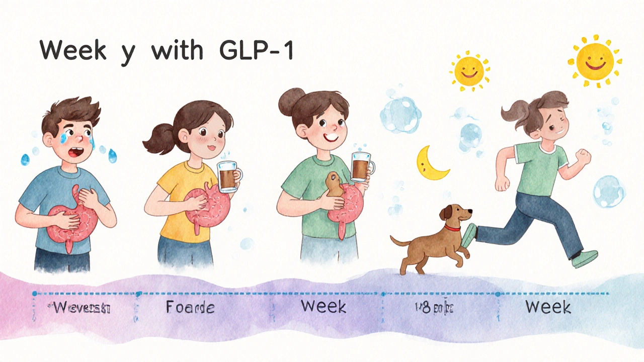 A timeline illustration showing a person’s journey from nausea to feeling better while taking GLP-1 medication over weeks.