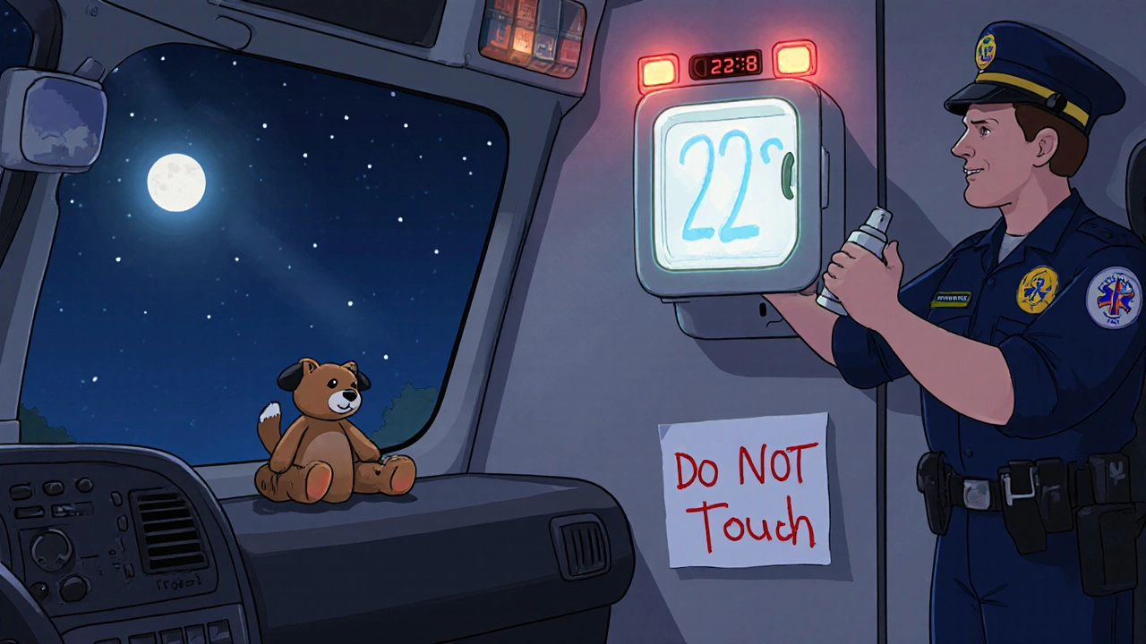 An EMS paramedic retrieves nitroglycerin from a temperature-monitored lockbox inside a nighttime ambulance.