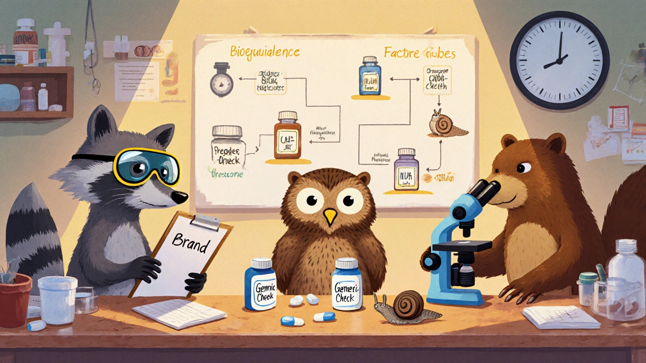 Animal scientists in a cozy lab examine identical pill bottles, with a flowchart on the wall showing ANDA approval steps.