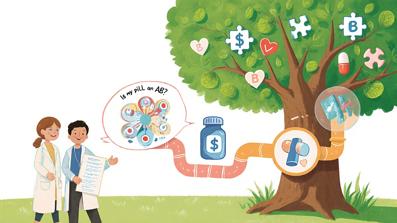 Child asking about AB code while doctors explain with a magical pill pipeline and heart-shaped pills.