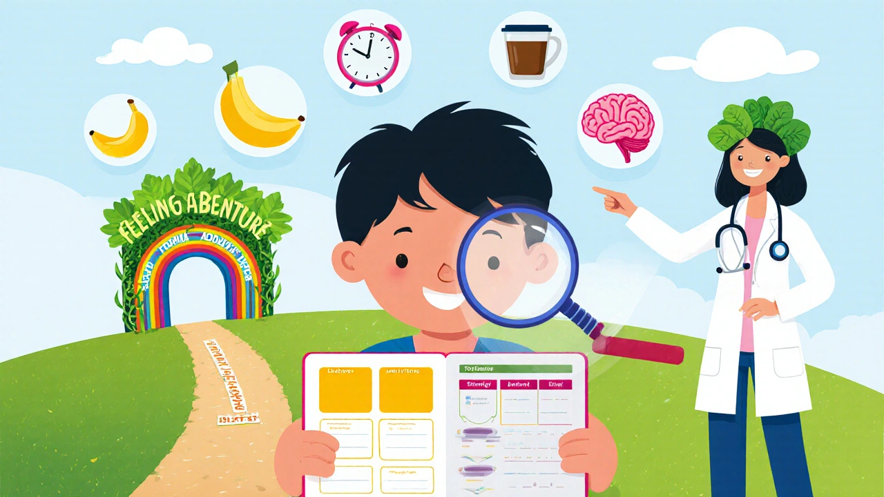 Child using a magnifying glass on a food diary, guided by a friendly dietitian.