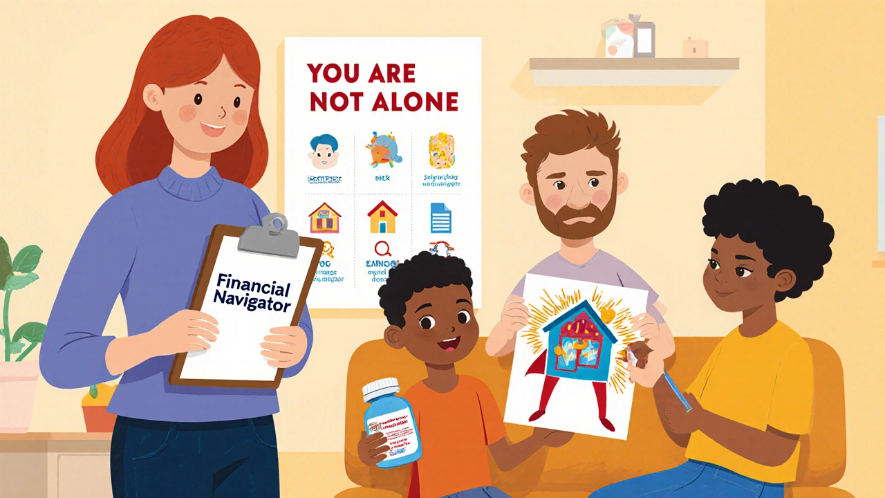 Diverse people in a clinic receiving help from a financial navigator and aid resources.