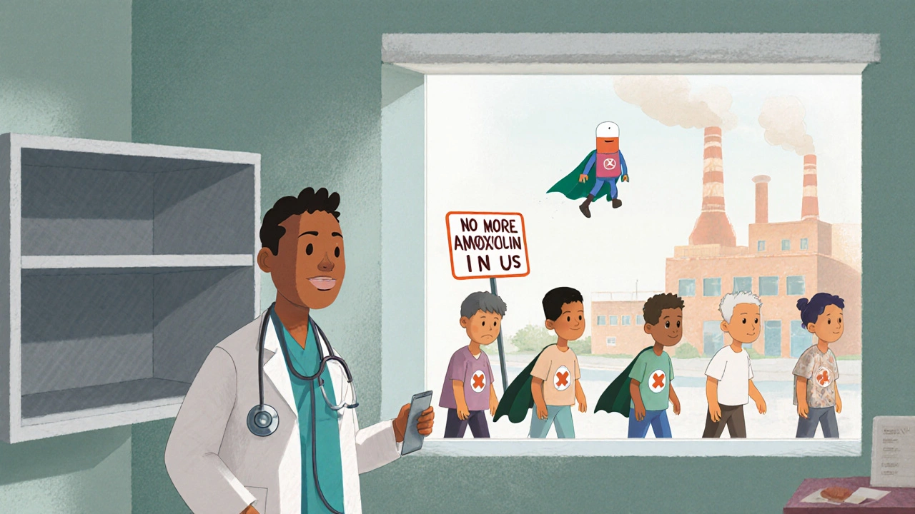 Doctor beside empty medicine cabinet, patients walk past &#039;No More Amoxicillin&#039; sign.