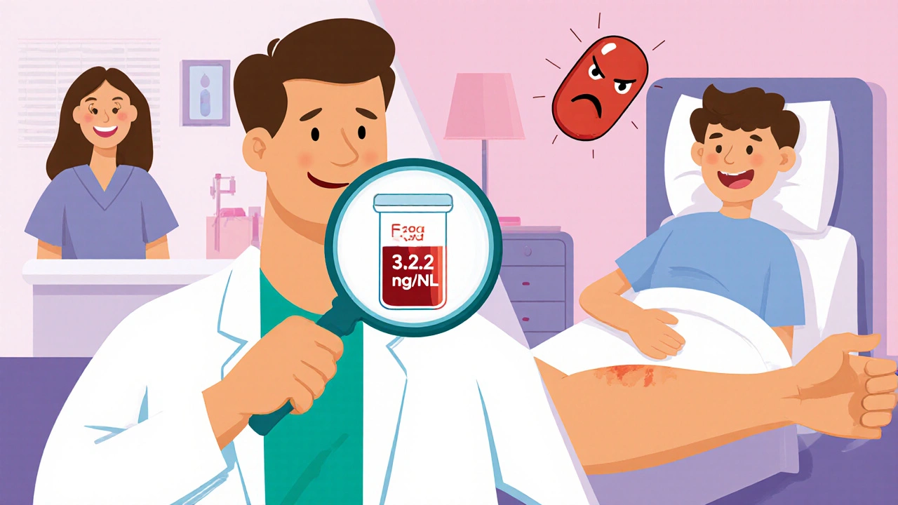 Doctor using a magnifying glass to read a glowing blood test result while a frowning pill floats nearby.