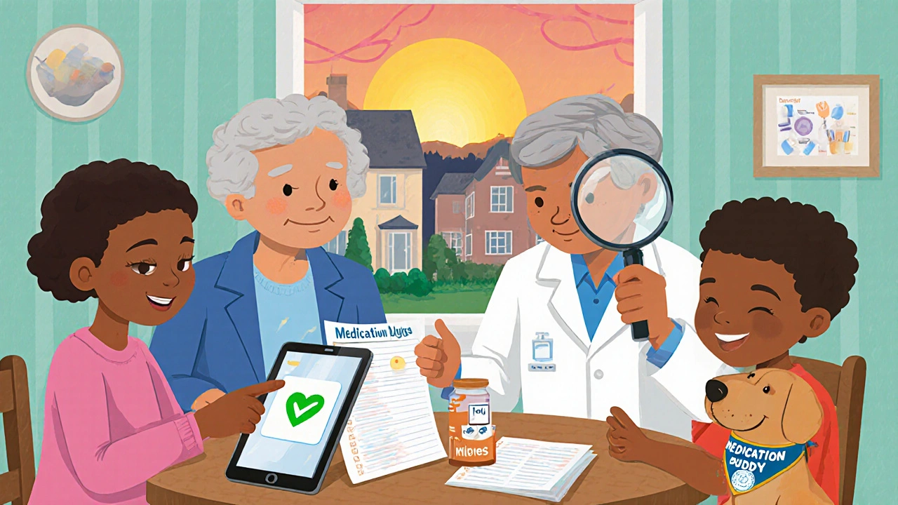 Family and pharmacist reviewing medication list at kitchen table with child pointing to a health app on screen.