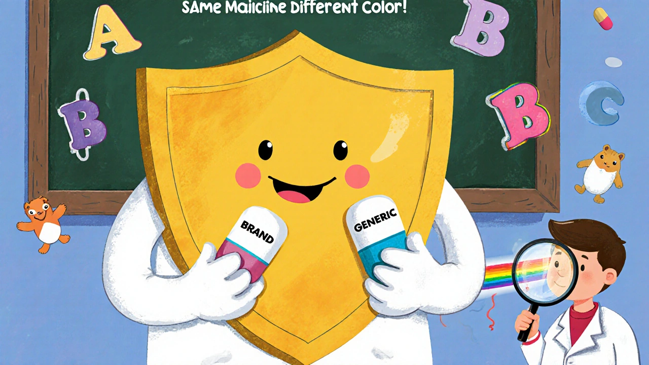 FDA shield comparing brand and generic pills with floating A and B code animals.