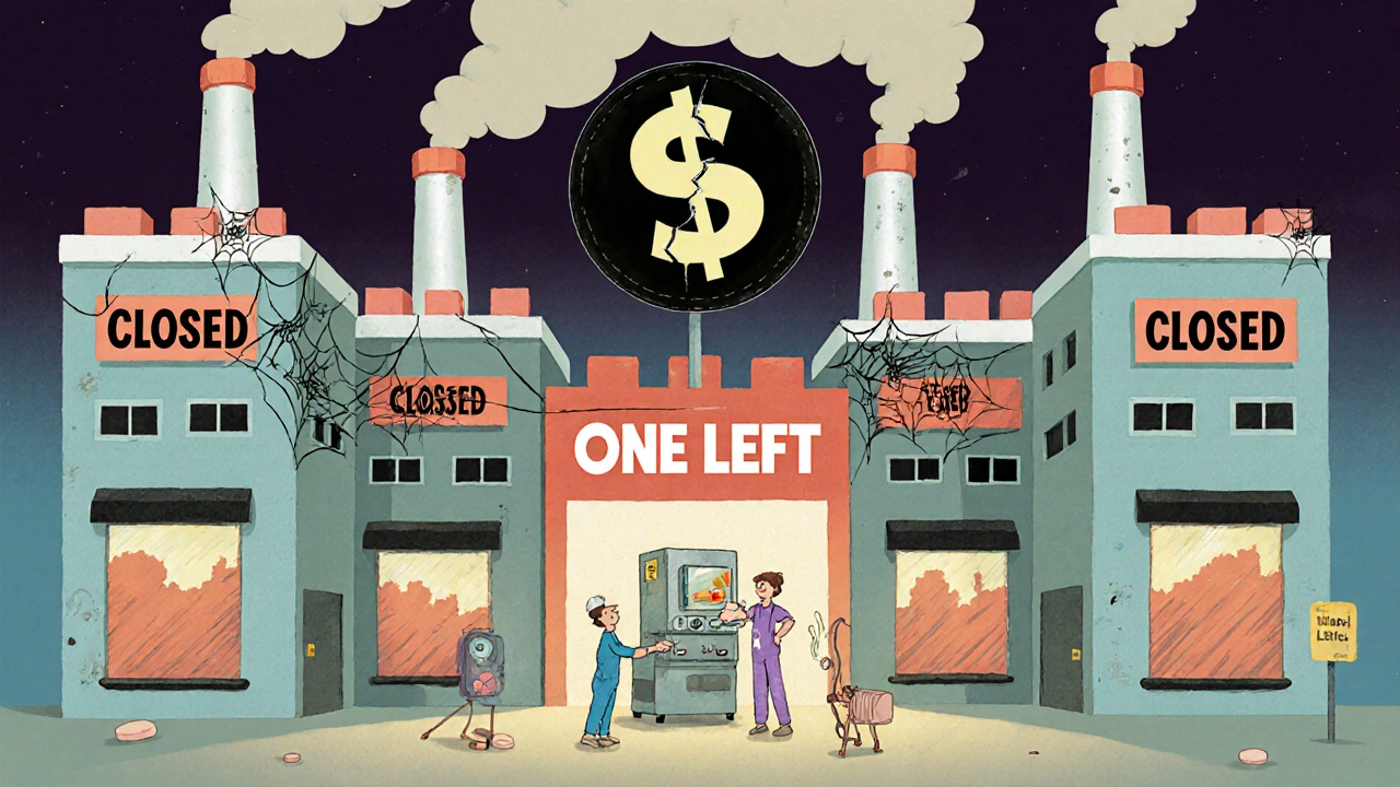 Five closed drug factories, one flickering light left, giant cracked dollar sign above.