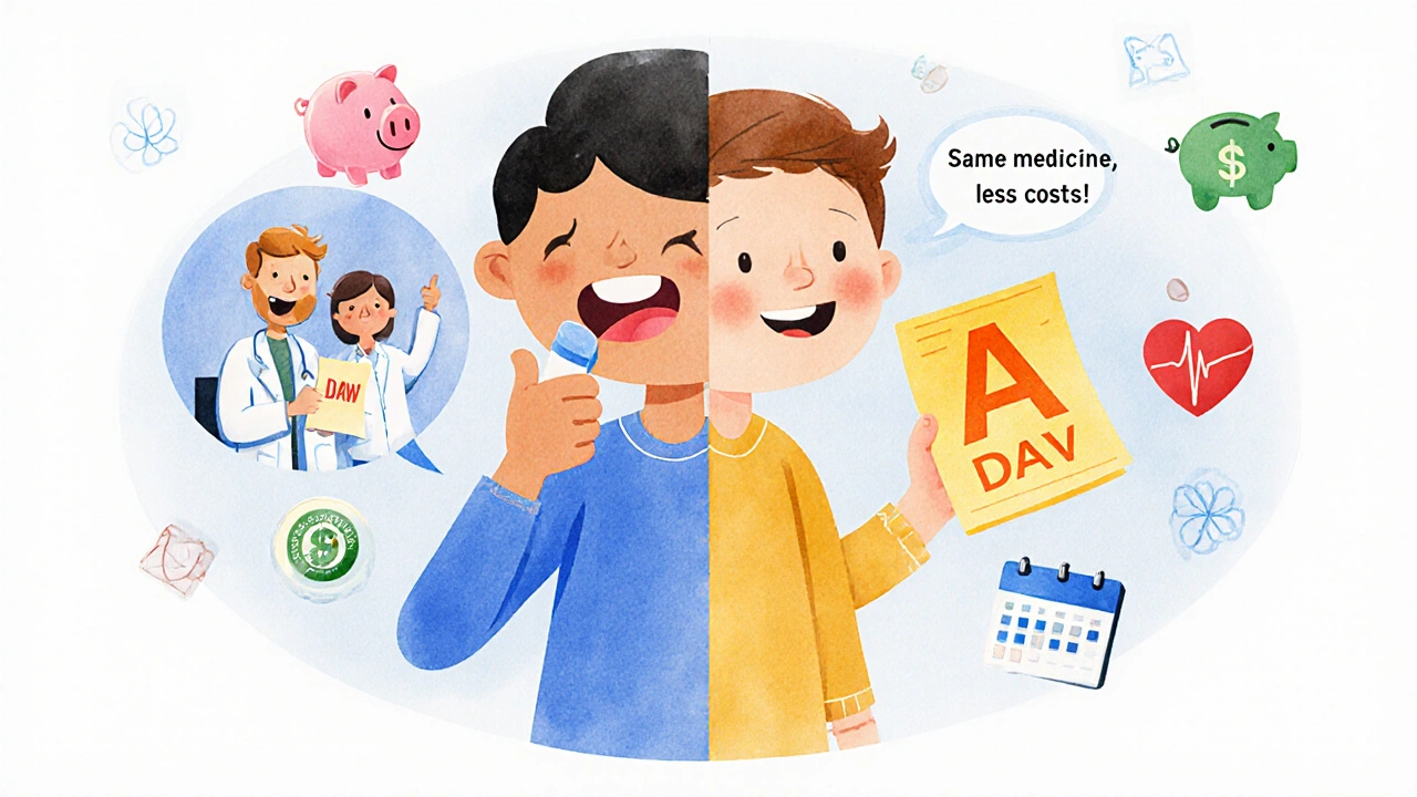 Patient taking generic pill while split scene shows pharmacist with A rating vs doctor with DAW note.
