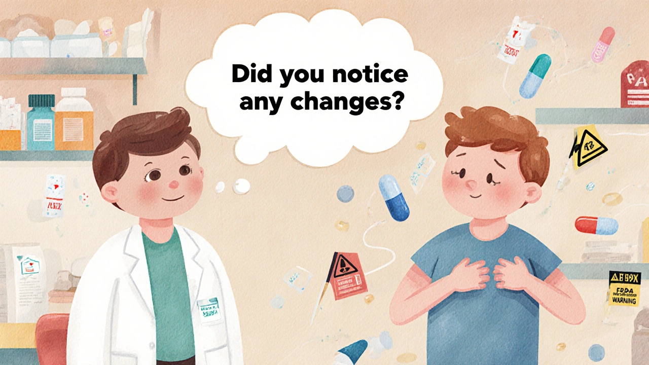 Pharmacist asking a patient about medication changes, with a thought bubble showing health before and after.