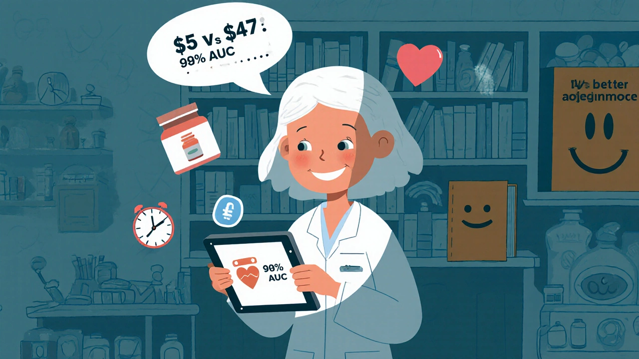 Pharmacist sending cheerful data message to doctor, with animated cost and adherence icons in a cozy pharmacy.