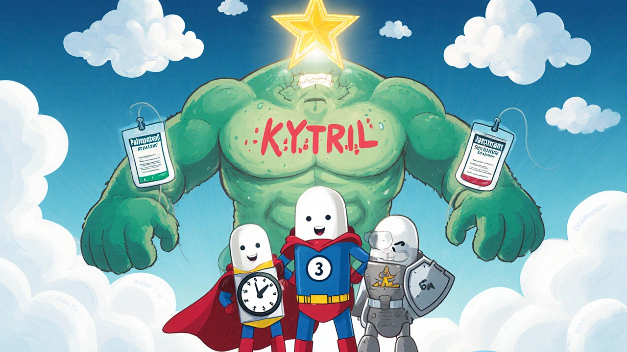 Three superhero pills fighting a vomiting monster with dexamethasone as a golden star.