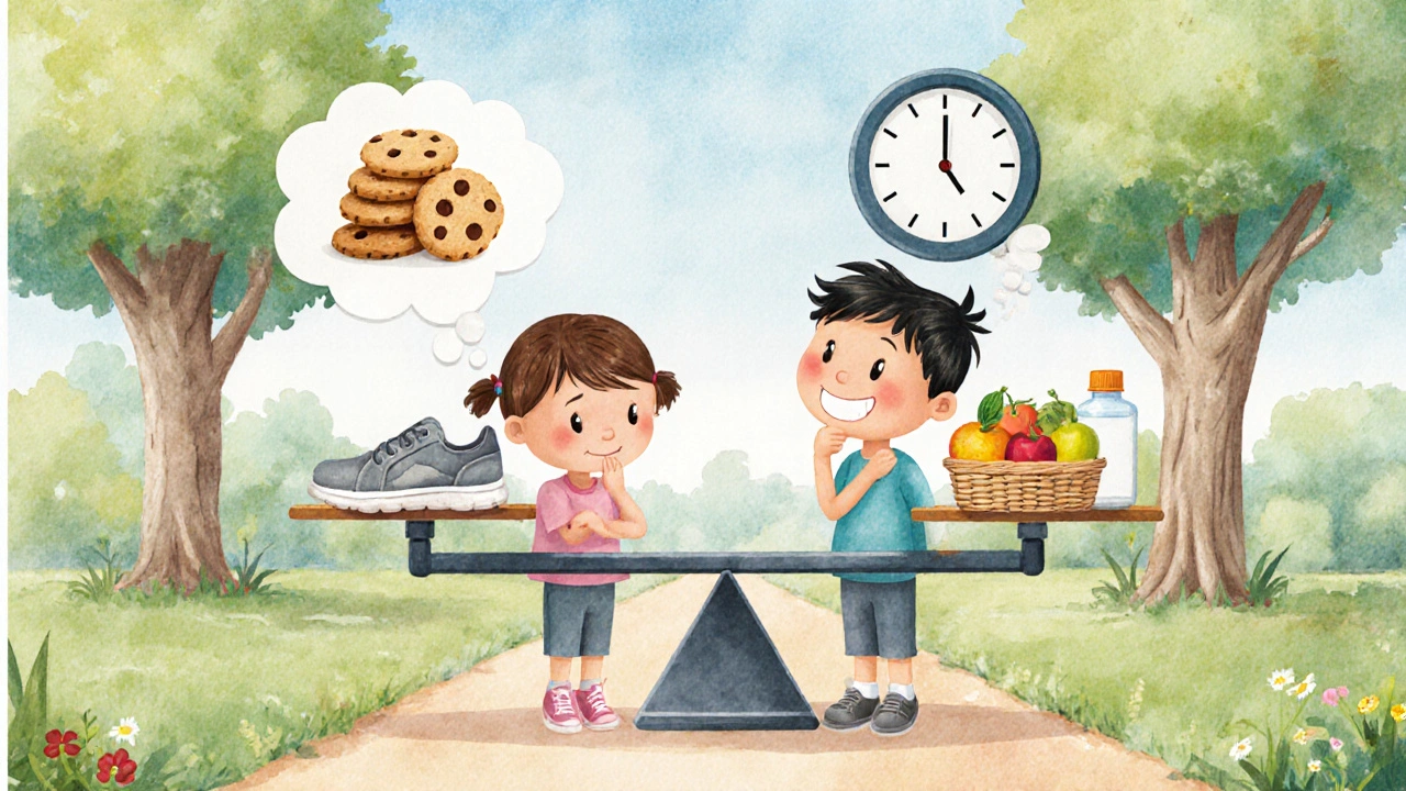 Two characters beside a scale showing weight gain vs. healthy habits like walking and fruit.