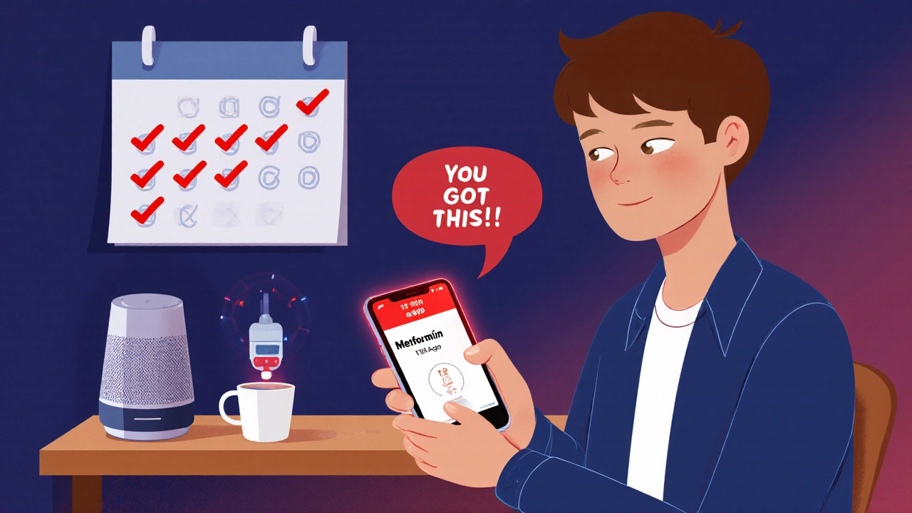 Young adult with smartphone showing medication alert next to a glowing smart pill dispenser and voice assistant.