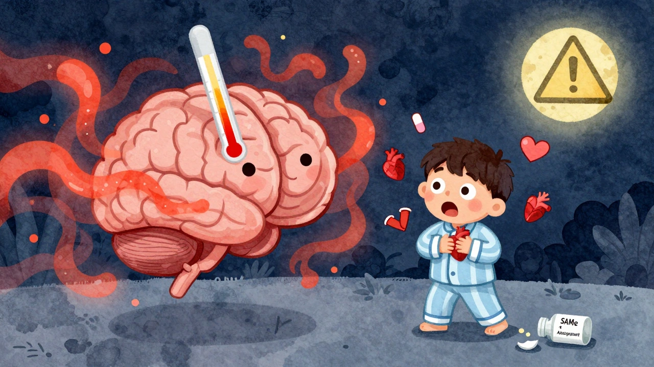 A brain with a rising thermometer and swirling serotonin waves, a person clutching their chest, warning signs in the night sky.