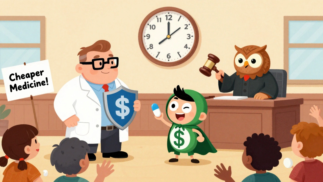 A brand CEO in a lab coat battles a generic hero in a courtroom, with a judge owl and a 30-month clock above them as patients cheer.