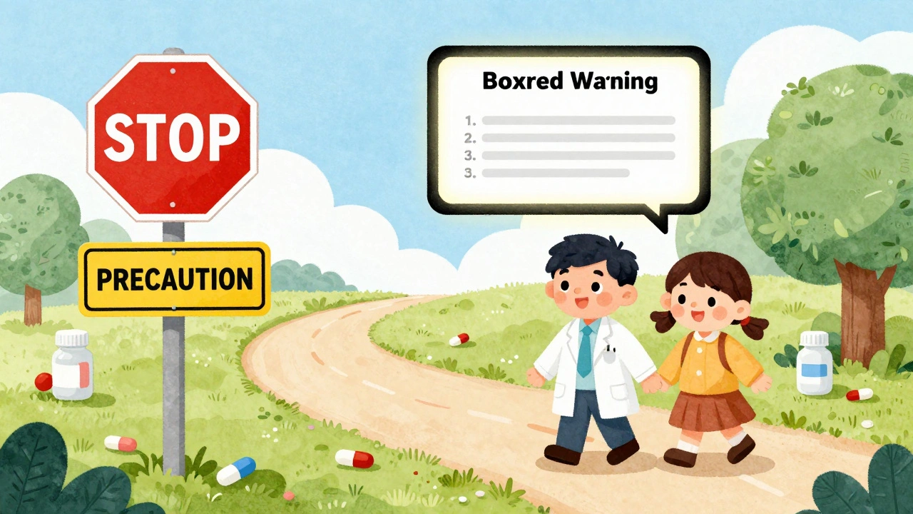 A child and doctor walking past warning signs for medications, with glowing caution symbols in a whimsical landscape.