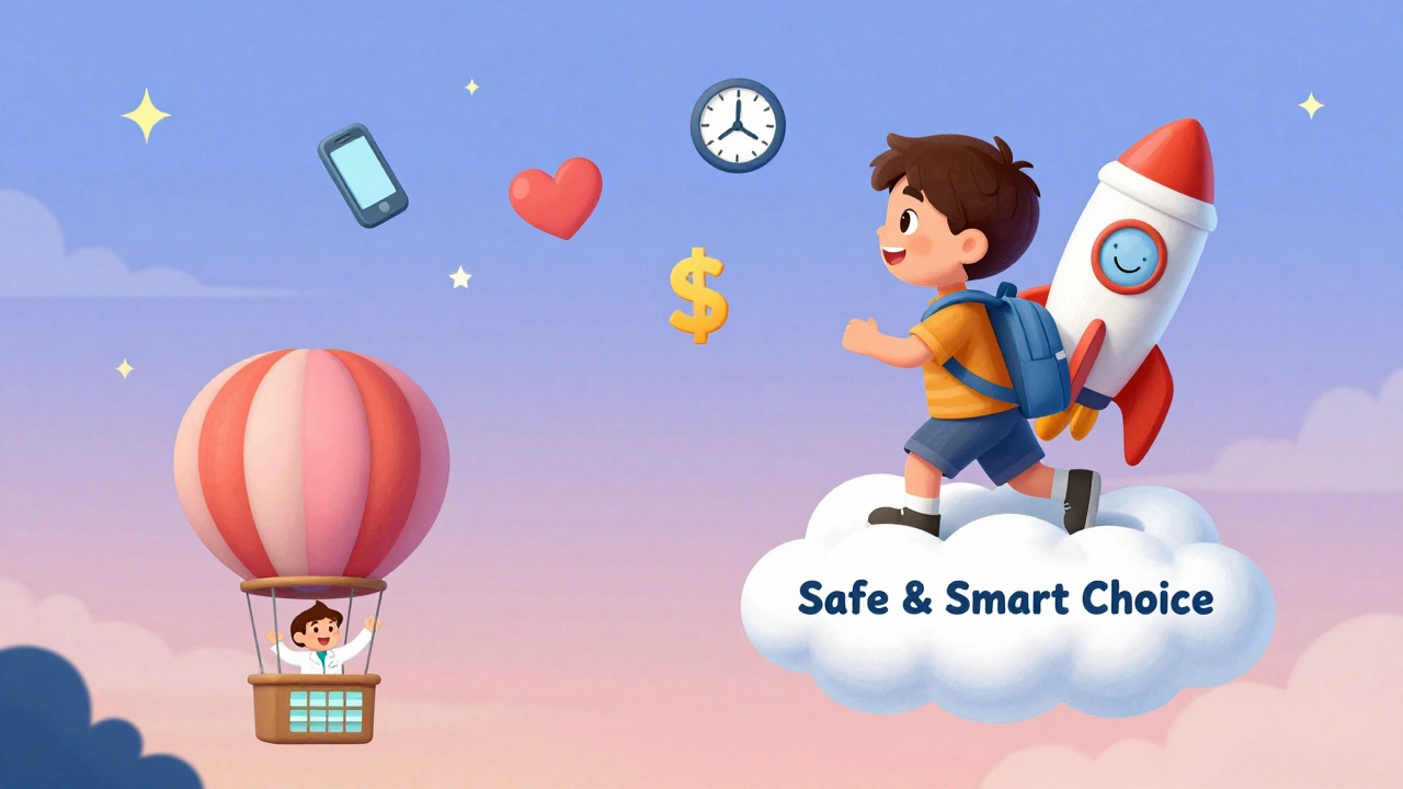 A child flying on pill-shaped rockets to a safe choice cloud, guided by a pharmacist in a balloon above.