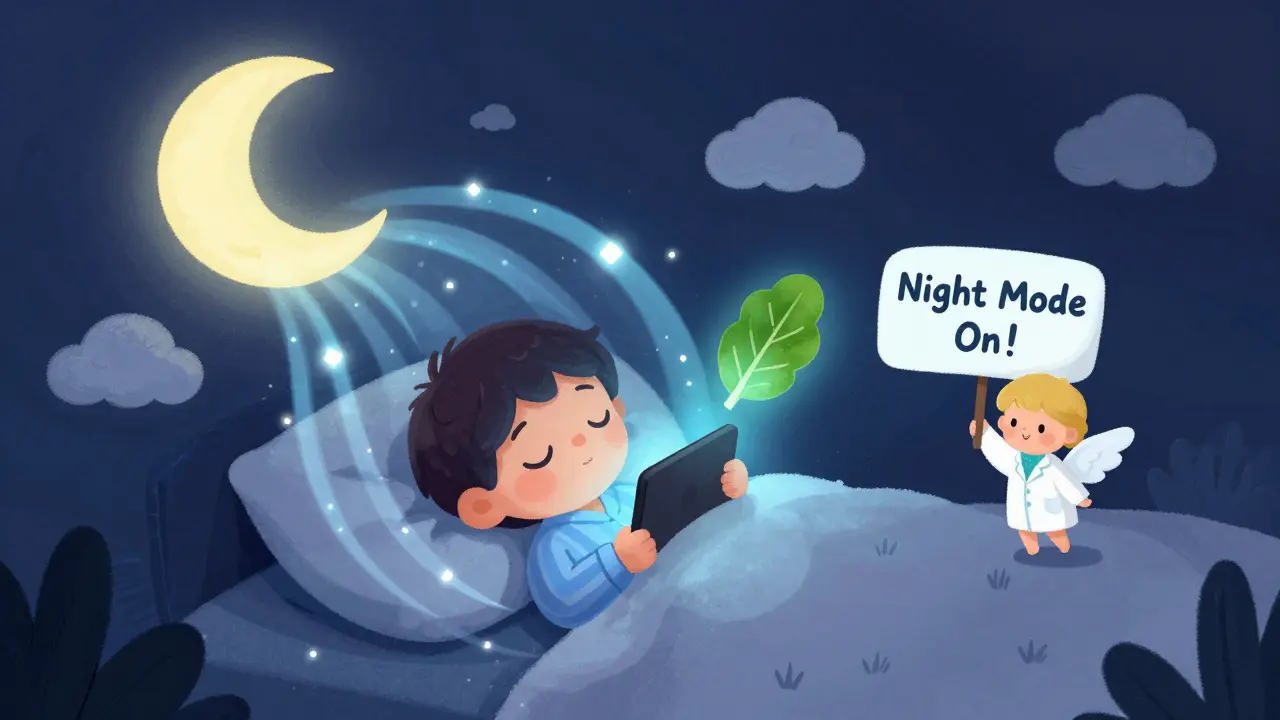 A child in pajamas using a tablet at night, with blue light turning into sleepy moon clouds and a spinach leaf nearby.