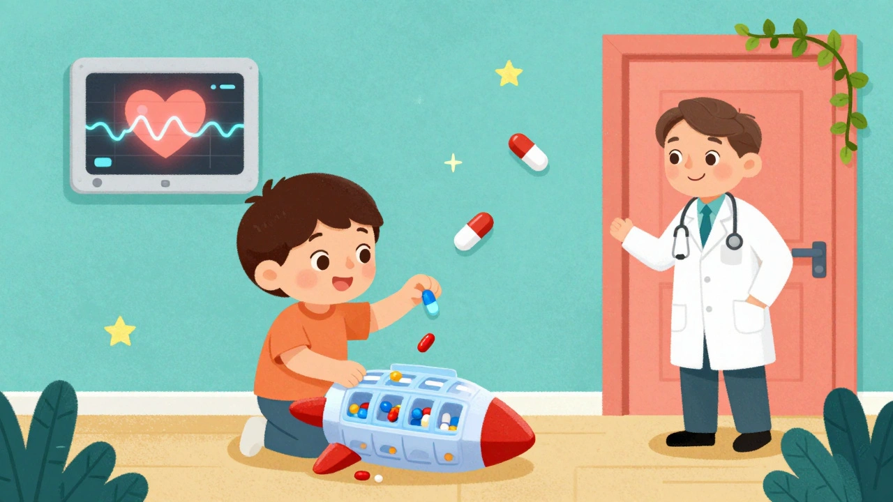 A child puts a combination pill into a rocket-shaped organizer as floating pills disappear behind.