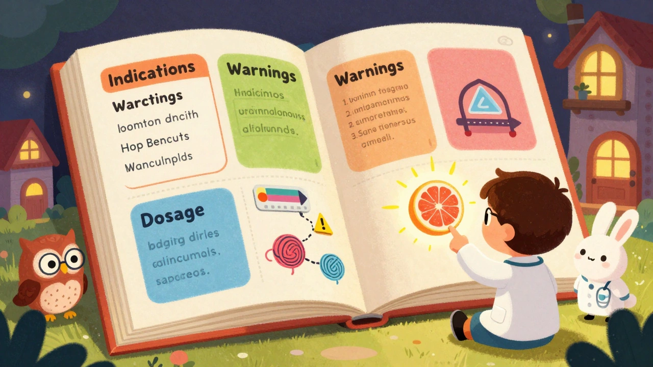 A child reading a drug label as a magical house, with animals and glowing grapefruit showing drug interactions.