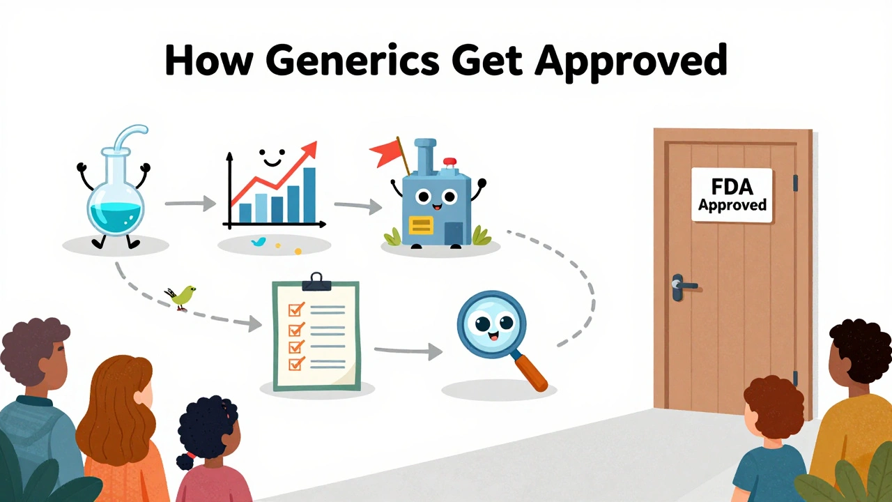 A colorful step-by-step path with friendly icons showing how generic drugs are approved by the FDA.