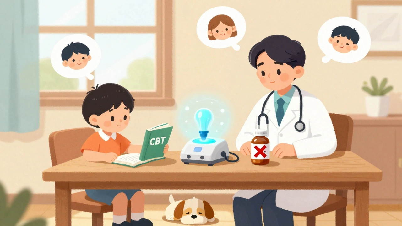 A doctor and child at a table with three mental health options—CBT, TMS, and a crossed-out SAMe bottle—in warm sunlight.