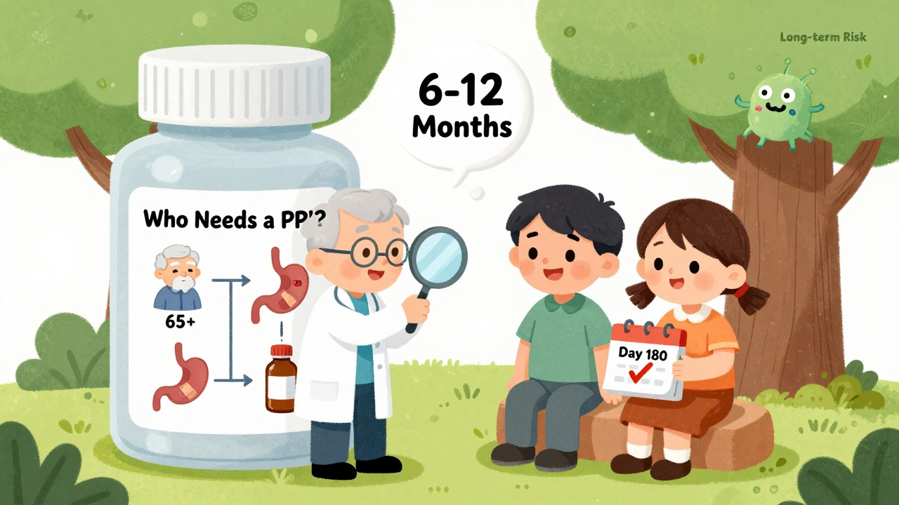 A doctor and patient reviewing a flowchart about who needs a PPI, with icons for risk factors and a warning about long-term use.