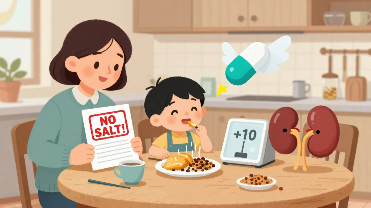 A family at the table with a no-salt label and a scale showing water weight gain, a child eating healthy food.
