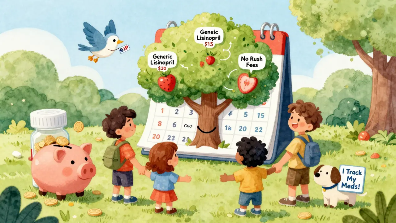 A family gathers around a medicine calendar tree with savings fruit and a piggy bank shaped like a pill bottle.