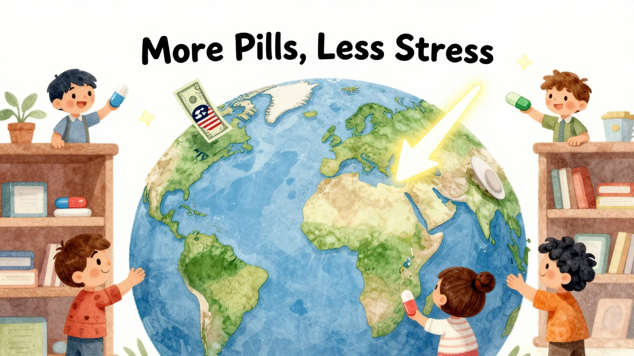 A globe shows people with combination pills, one holding a  bill, another reaching for an empty shelf.