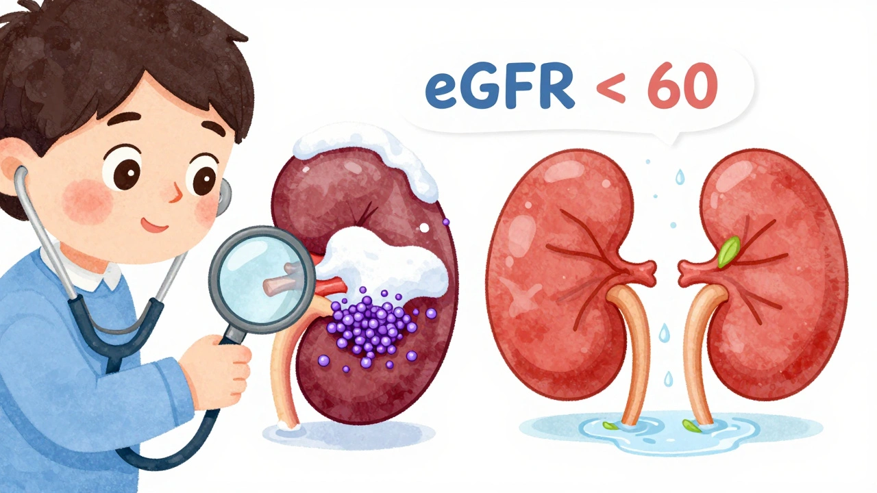 A healthy kidney versus a damaged one with excess potassium building up, shown in a split illustration.