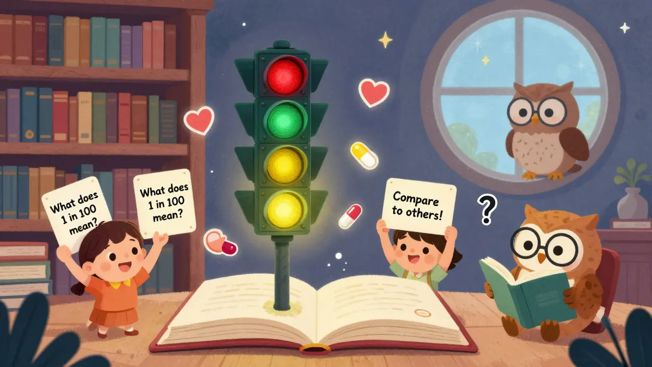 A magical library with talking books shows a traffic light system of green, yellow, and red icons representing drug benefits and risks.