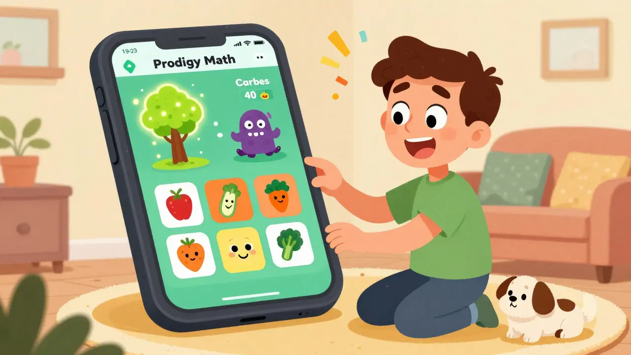 A man playing a game-like health app where food and steps affect glowing fruit trees and health points.