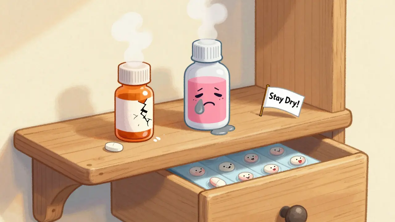 A moist bathroom shelf with a sad liquid antibiotic beside a dry, safe drawer with happy pills.
