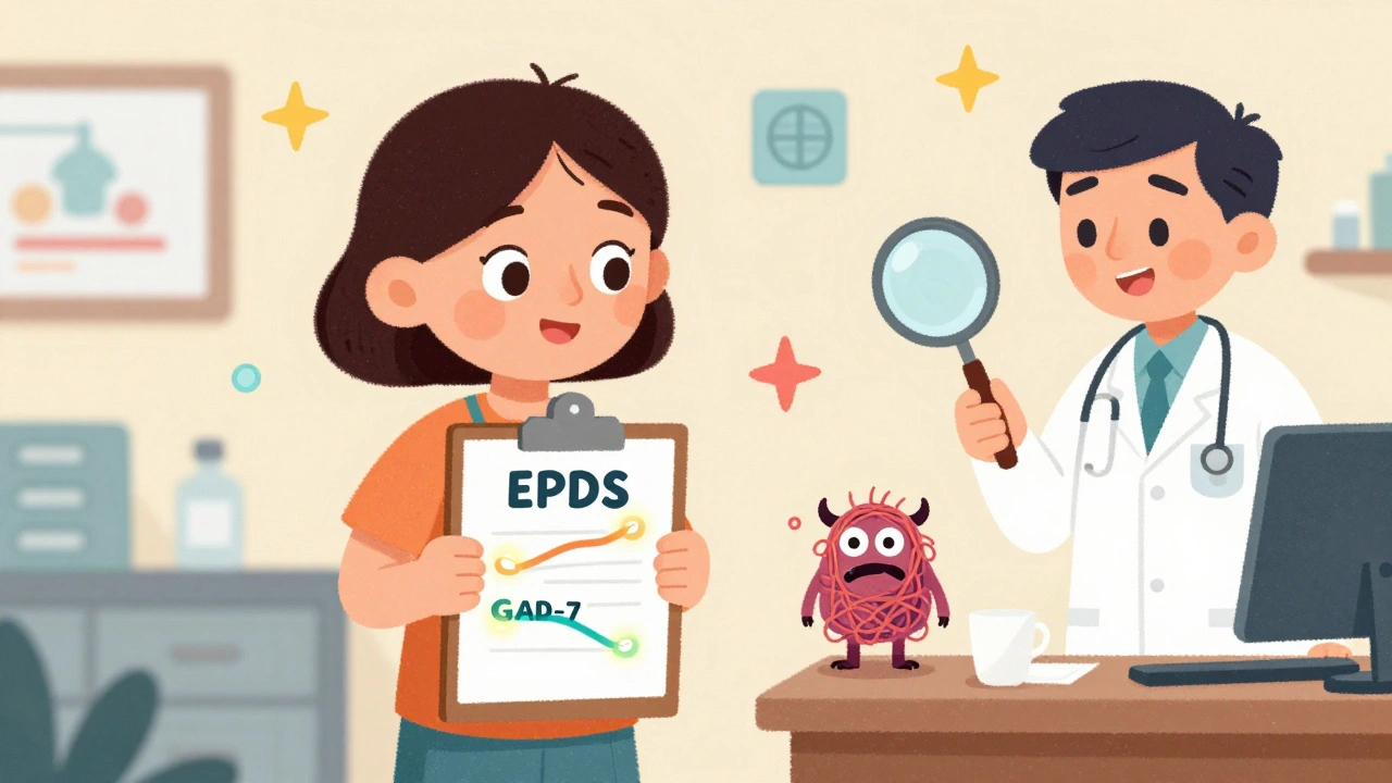 A mother and doctor examine two glowing scales representing anxiety and depression screening tools in a warm office setting.