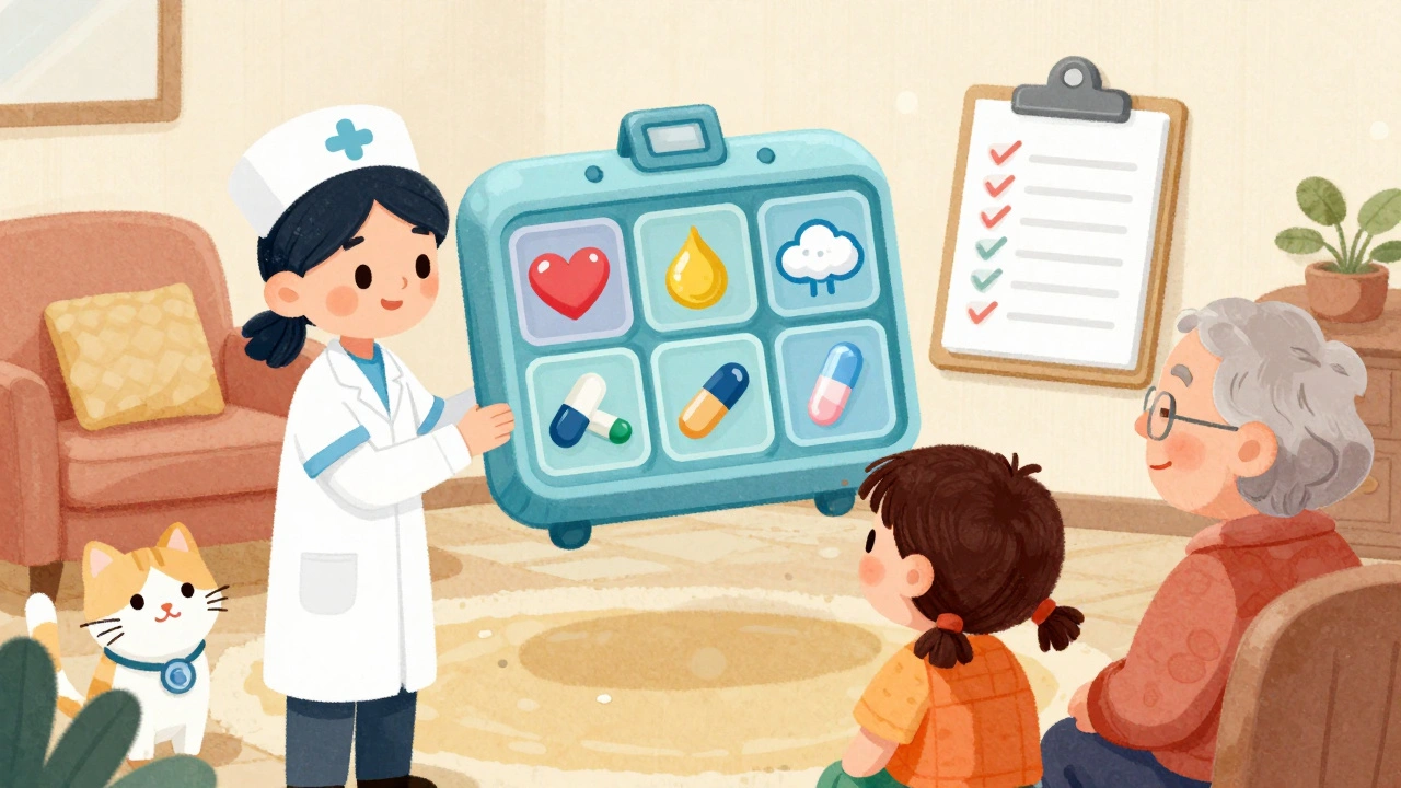 A nurse and grandparent list medications together while a magical pill organizer hovers with labeled compartments.