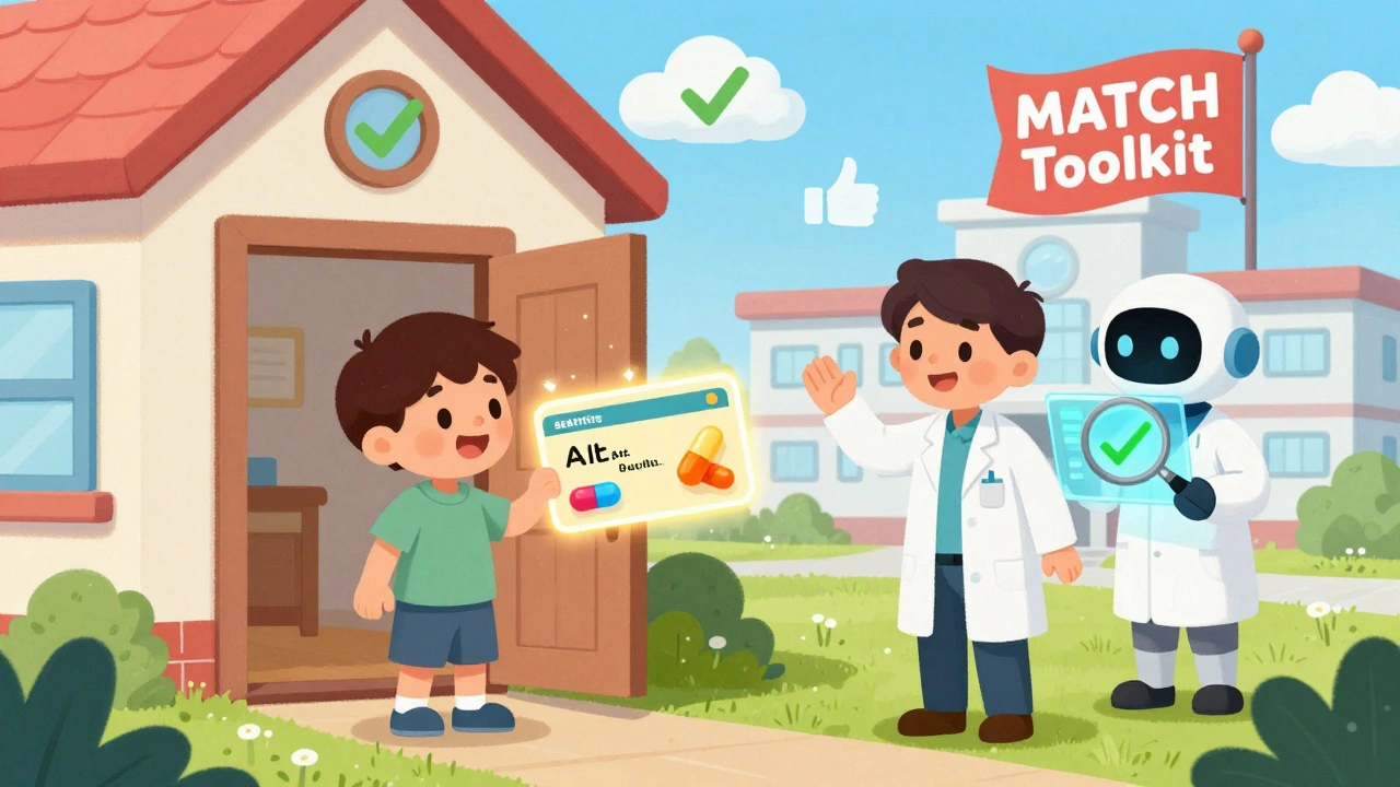 A patient holds a glowing medication card as healthcare providers wave goodbye, with an AI robot checking details in the background.