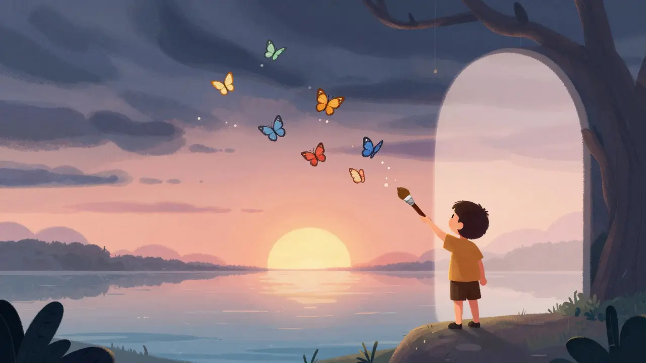 A person transforms a stormy dream into a calm sunset using a paintbrush.