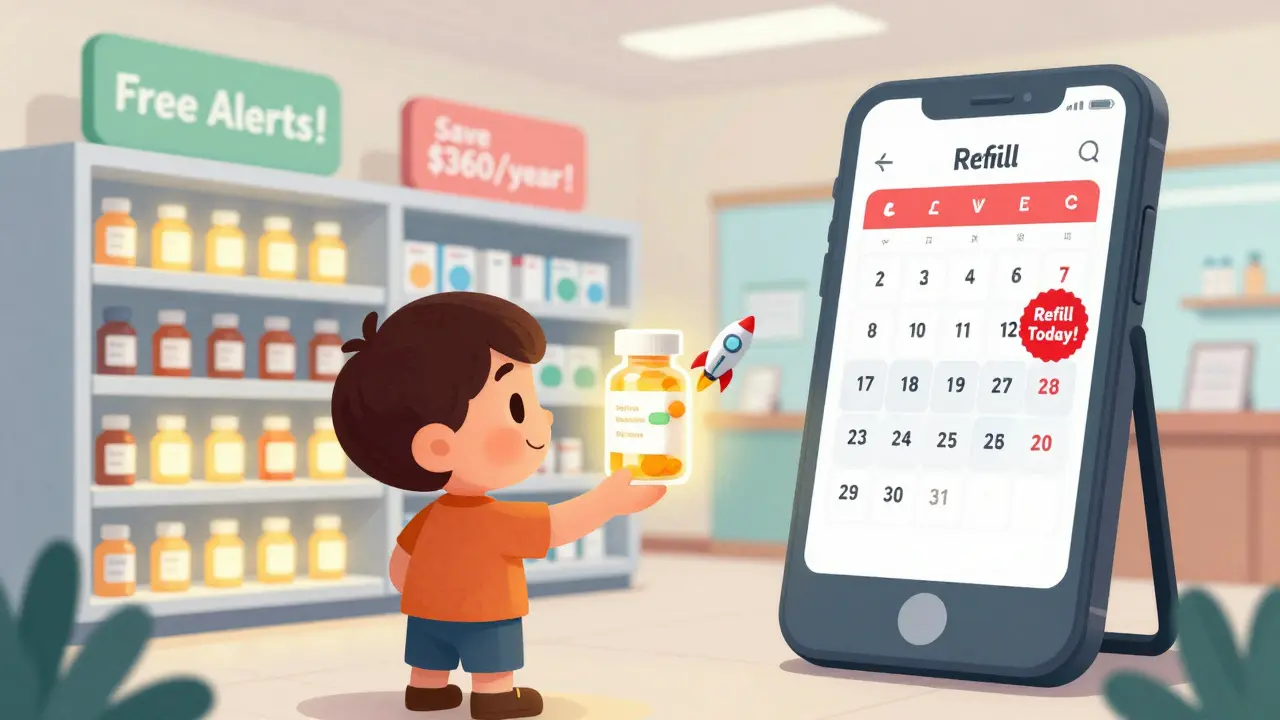 A pharmacist gives a child a glowing pill bottle with a rocket, symbolizing auto-refill alerts.