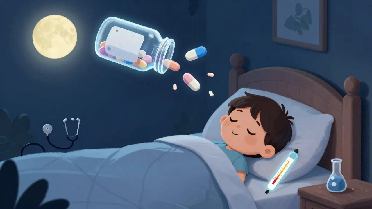 A sleeping child above whom a pill splits into two, with a glowing thermometer showing high levels.